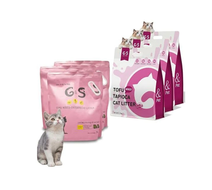 G&S tofu-tapioca mix cat litter six-bag bundle with three classic pink bags and three new white and pink bags