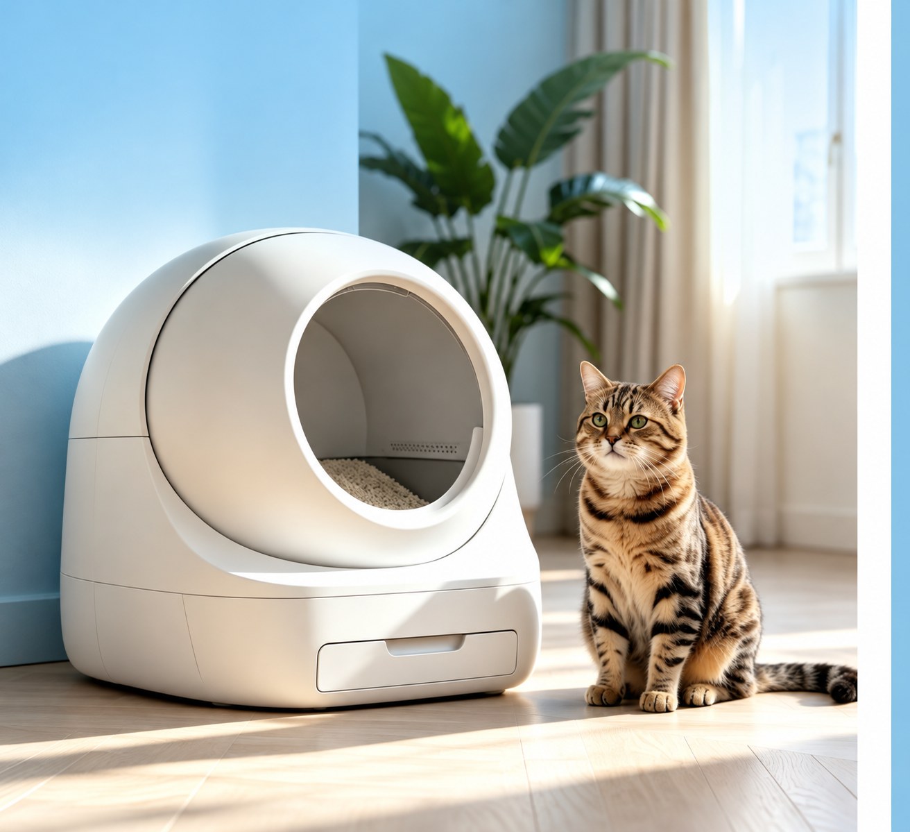 A cat beside a clean automatic litter box
